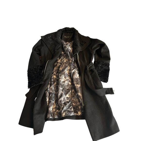 Guess Wool Blend Belted Coat XL Black Faux Fur Collar & Cuffs Winter Jacket - Picture 7 of 14